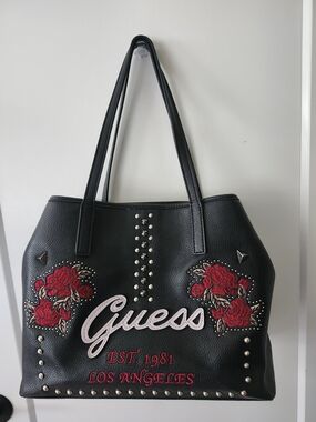Guess Women's Black Tote with Red Rose Embroidery